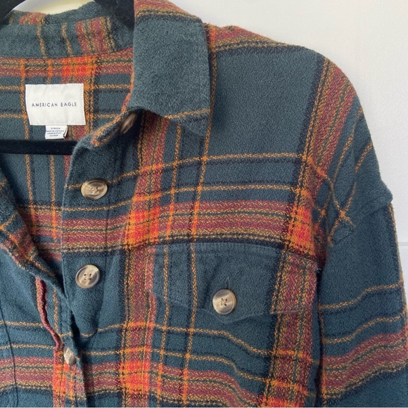 American Eagle Orange and Green Cropped Plaid Shirt - Picture 5 of 13